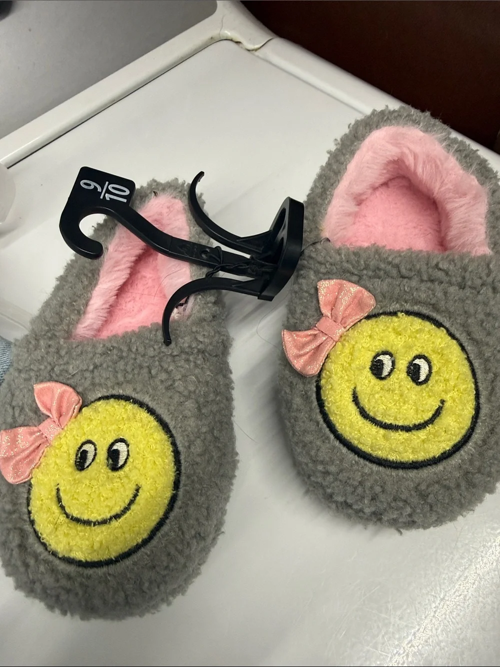 wonder nation Gray Plush Smiley Slippers with Yellow Smiley and Pink Accents